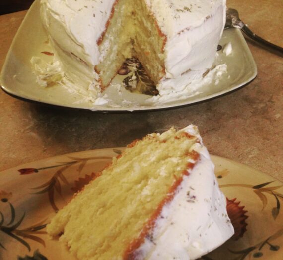 Rosemary & Lavender infused yellow cake with Lemon mascarpone whipped cream frosting